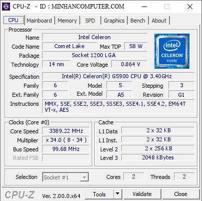 Intel Celeron G5900 CPUZ